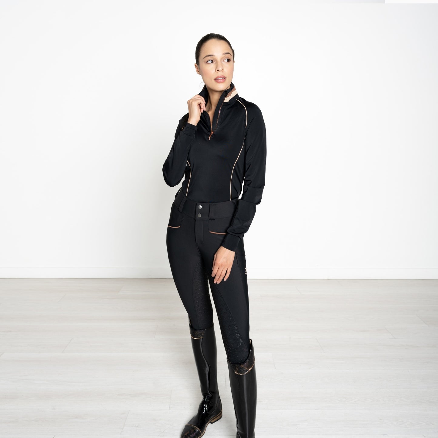 High Collar Equestrian Long Sleeve Performance Shirt "Obsidian"