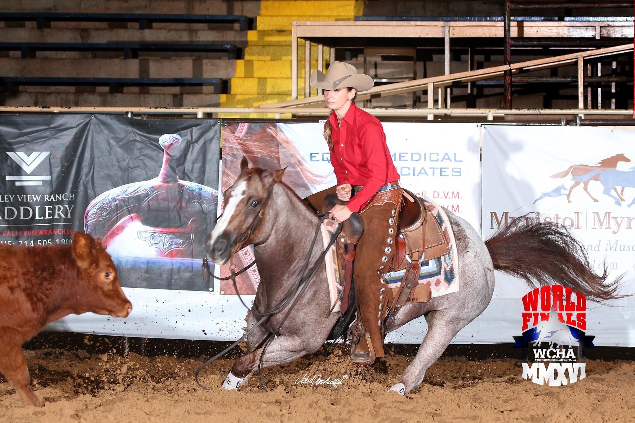 Astrid von Krenski competing on a cutting horse during the WCHA World Finals.