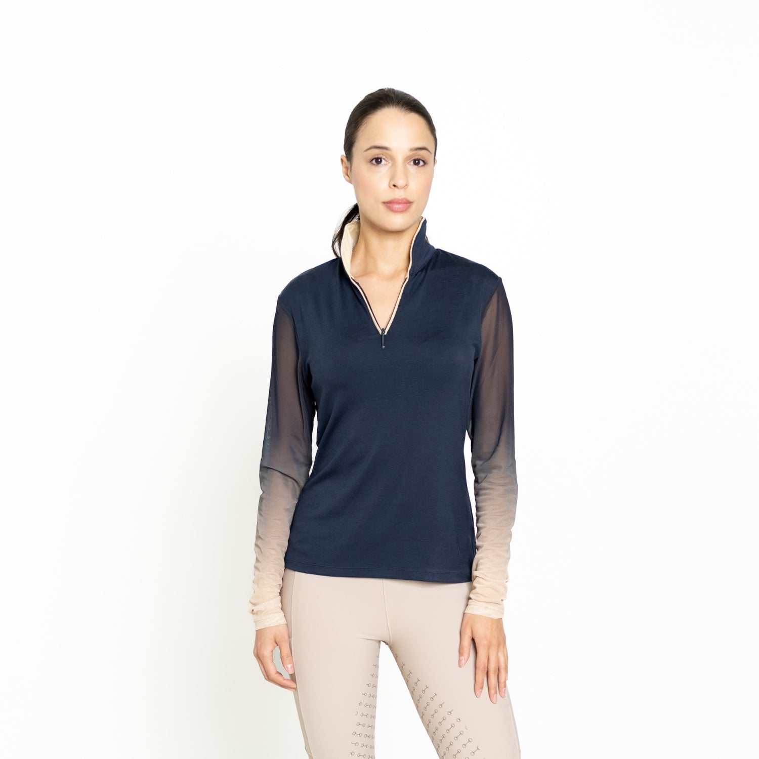 Women's equestrian sun shirt with UPF 50+ protection, ultra-soft bamboo fabric, ombré mesh sleeves, and breathable comfort for riding and beyond.