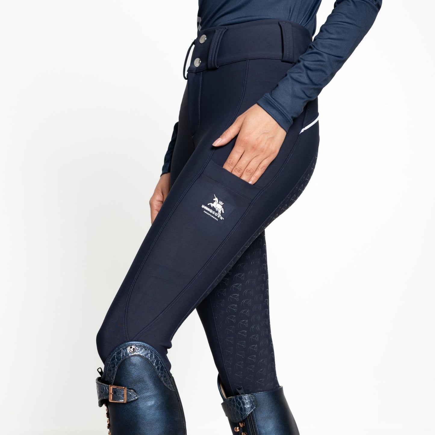 Equestrian Training Breeches – Dark Denim Full Seat Silicone Grip with Phone Pockets