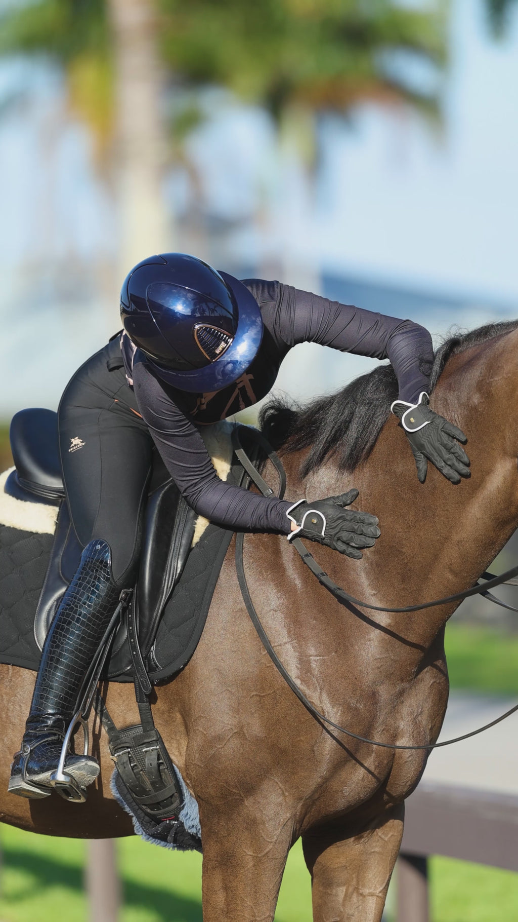 Hope Cooper wearing the Uniqcorn Exceptionnel Painted Horse Black Equestrian Sun Shirt and Noir Full Seat Breeches.