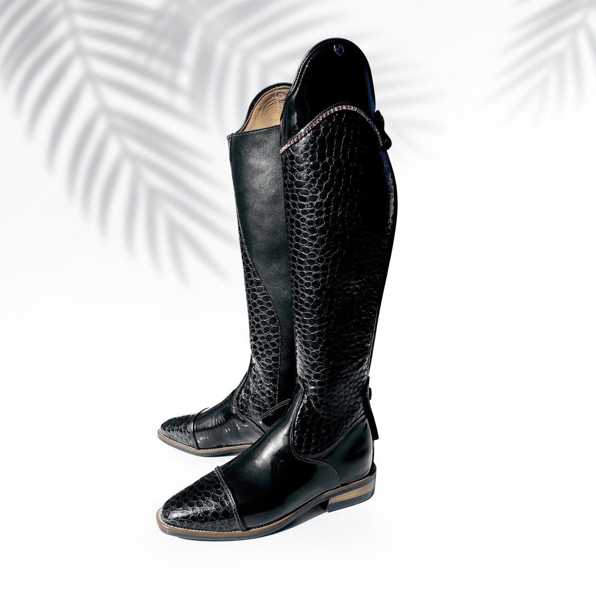 Classic tall dressage boot with rose-gold Swarovski accent rose gold zipper in shiny patent croco-leat